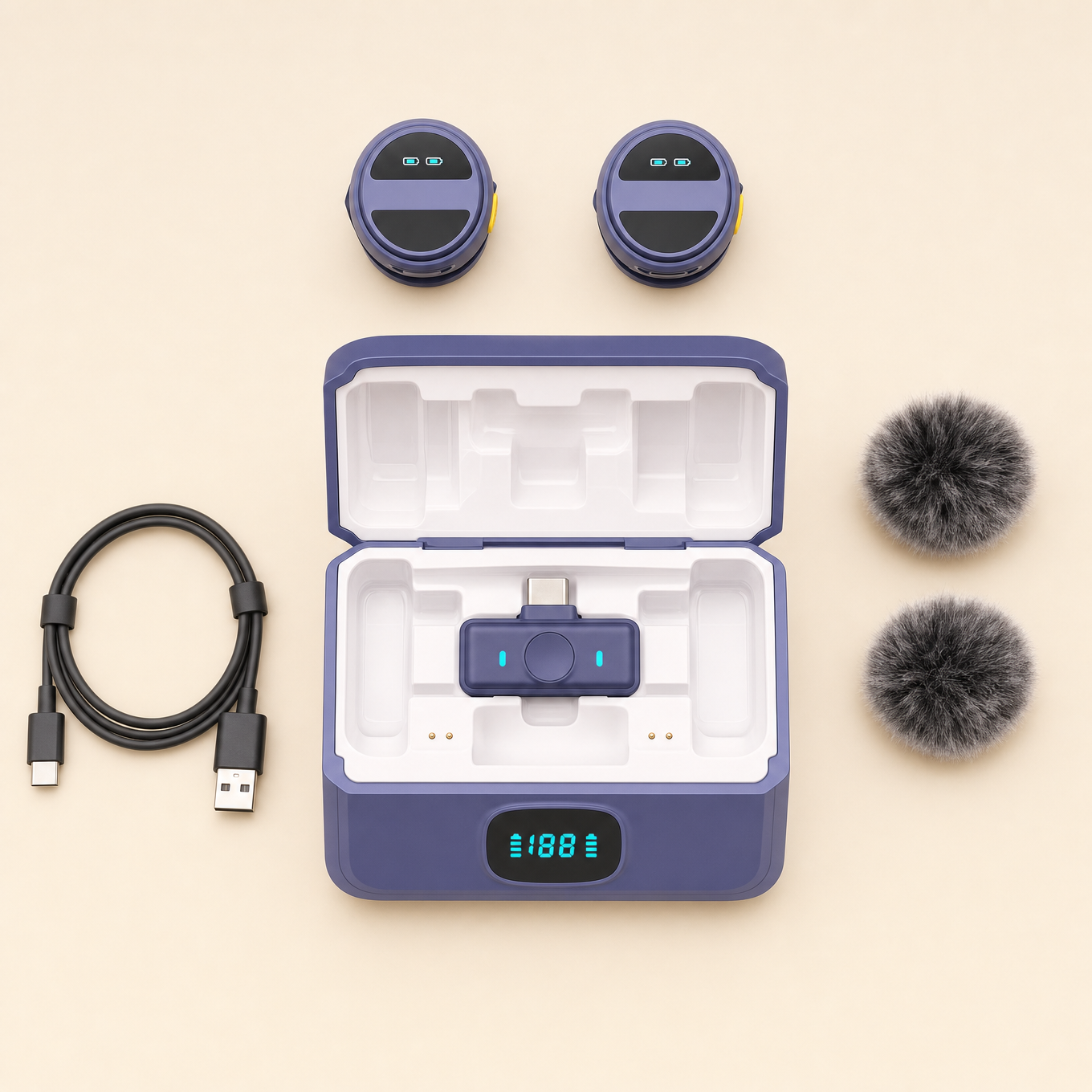 Perch dual wireless lavalier microphones — what's included flat lay