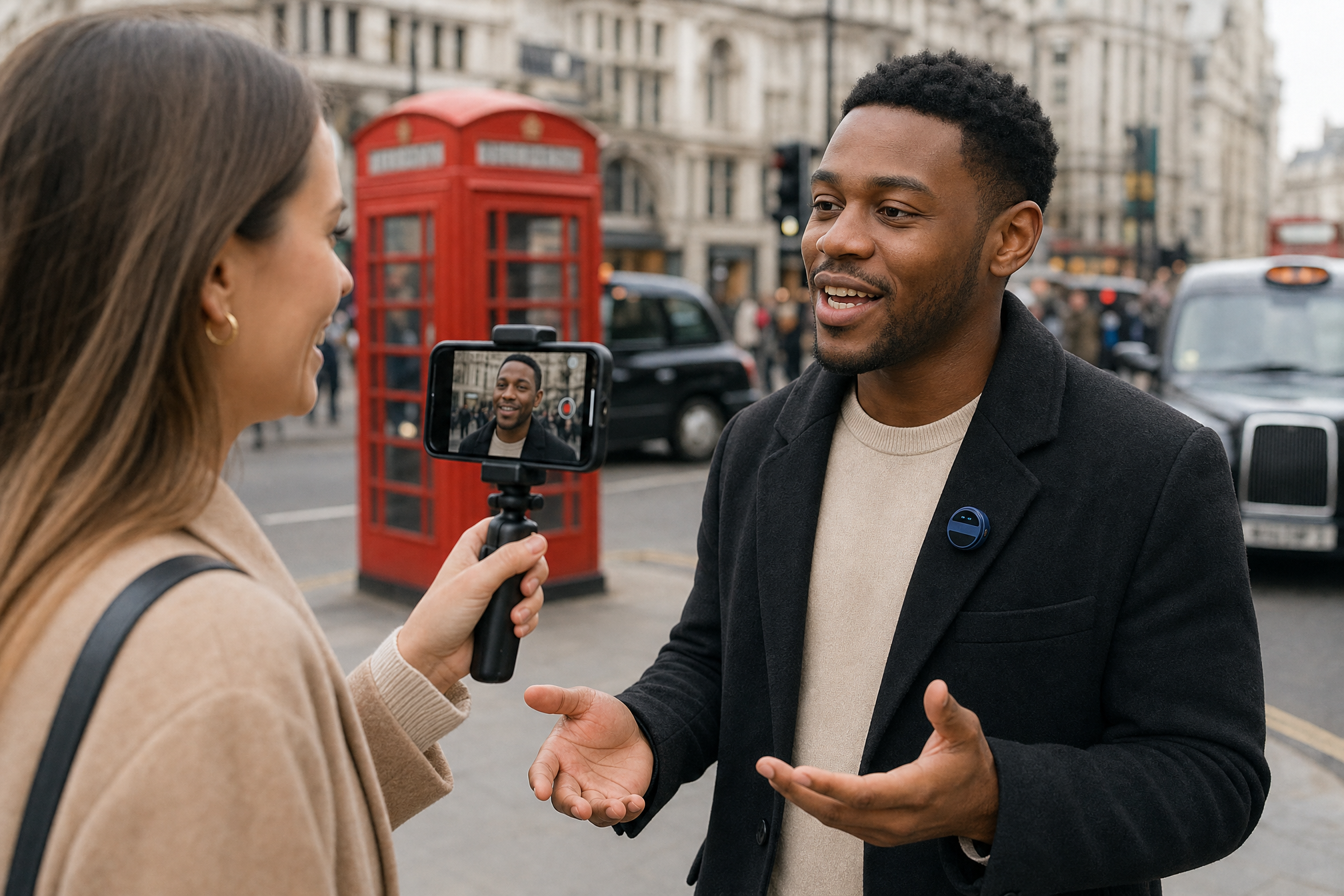 Perch microphone used for a street interview in London