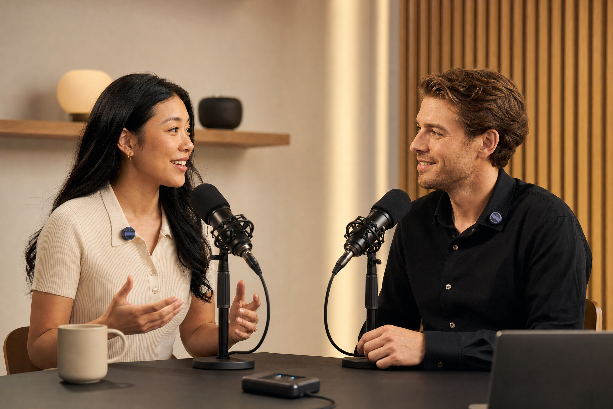 Perch microphone used in a podcast studio